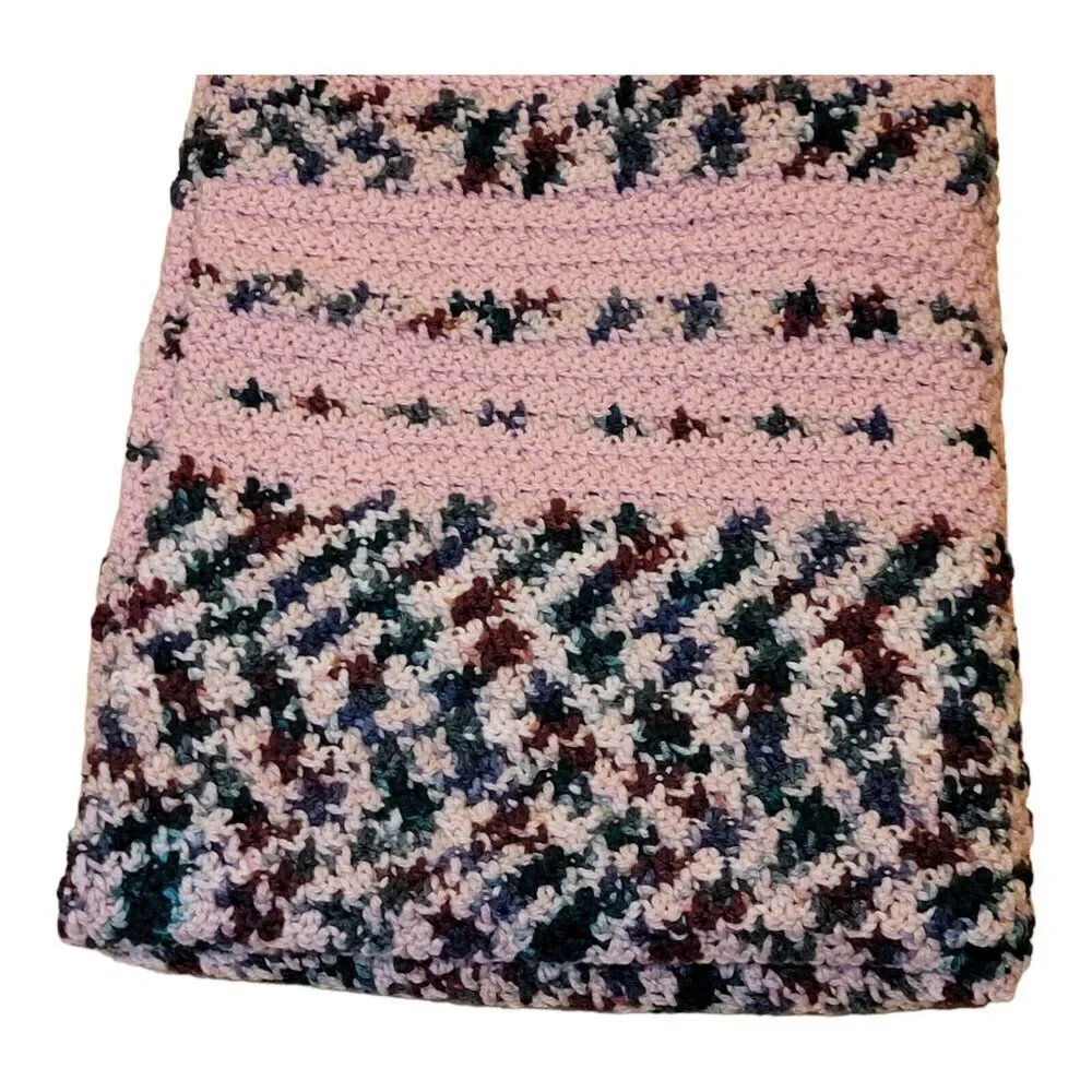 Vintage Handmade Crochet Pink And MultiColor‎ Stiped Afghan Blanket 38x53